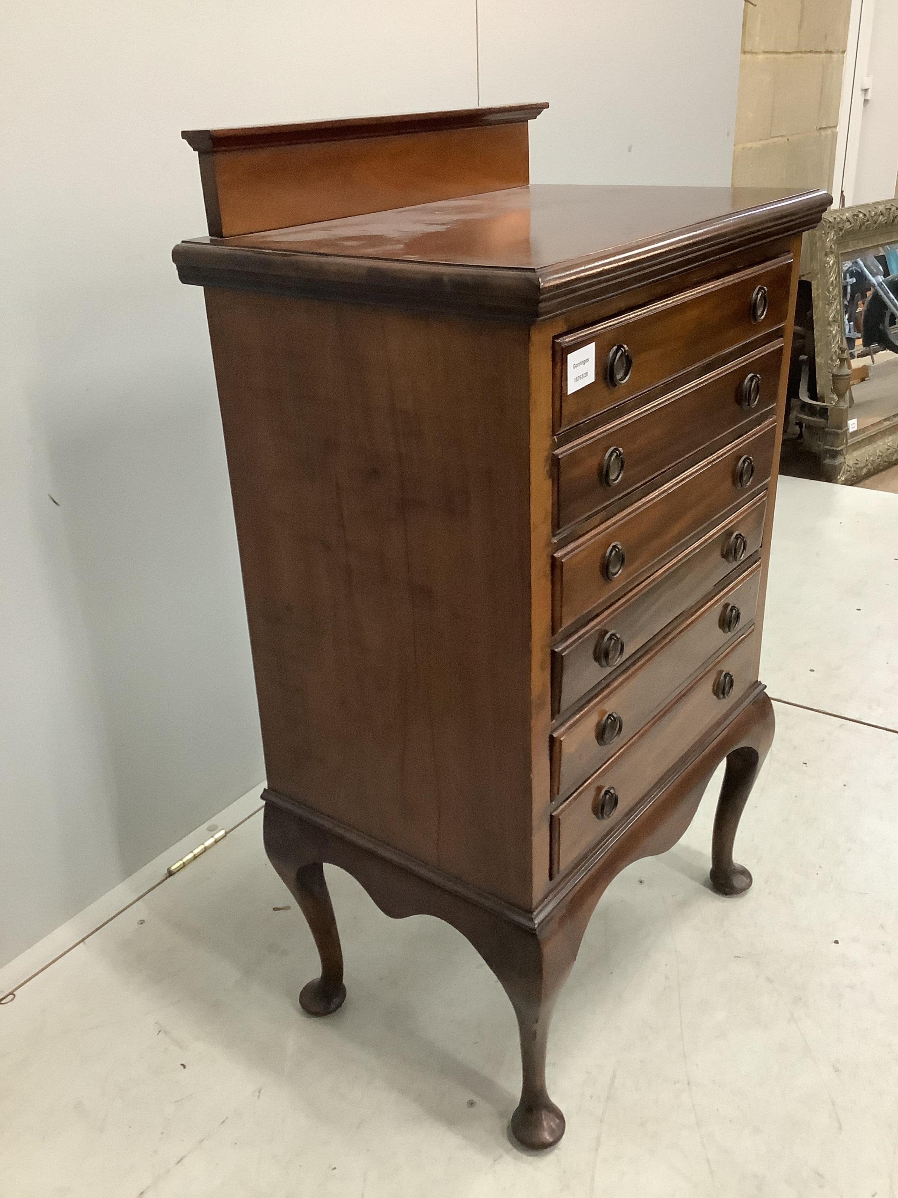 An early 20th century mahogany sheet music cabinet, fitted six drop front drawers, width 56cm, depth 39cm, height 100cm. Condition - fair